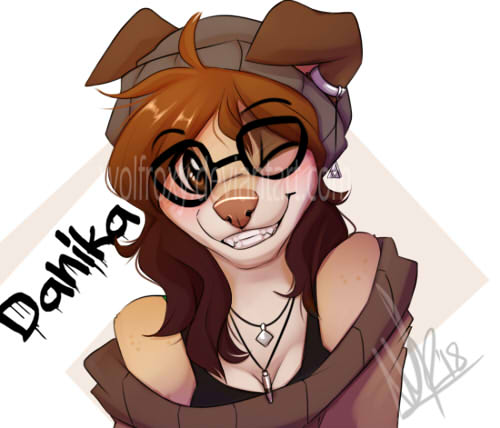 anthro breasts brown_eyes brown_hair canine cleavage clothed clothing danika_(wolflady) dog eyewear female glasses hair mammal one_eye_closed simple_background smile solo wolflady