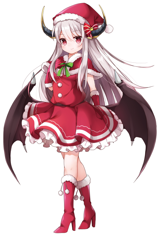 bow breasts copyright_request demon_horns gloves hair_bow hakuari_(hina) hand_up hat horns looking_at_viewer official_art red_bow red_eyes red_footwear red_gloves red_skirt santa_costume santa_hat skirt small_breasts standing tachi-e white_hair wings