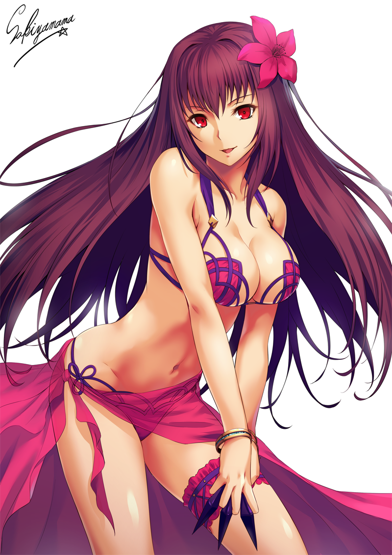 :d artist_name bangle bangs bare_arms bare_shoulders between_fingers bikini bracelet breasts cleavage collarbone cowboy_shot dutch_angle fate/grand_order fate_(series) flower from_side groin hair_flower hair_intakes hair_ornament happy hibiscus hips holding holding_weapon jewelry kunai large_breasts leaning_forward leg_garter legs_apart long_hair looking_at_viewer navel open_mouth pink_bikini pink_flower purple_hair purple_sarong red_eyes sakiyamama sarong scathach_(fate)_(all) scathach_(swimsuit_assassin)_(fate) see-through sidelocks signature simple_background smile solo standing star stomach string_bikini swimsuit v_arms very_long_hair weapon white_background