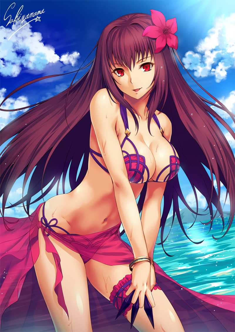 :d artist_name bangle bangs bare_arms bare_shoulders between_fingers bikini blue_sky bracelet breasts cleavage cloud collarbone cowboy_shot day dutch_angle fate/grand_order fate_(series) flower from_side groin hair_flower hair_intakes hair_ornament happy hibiscus hill hips holding holding_weapon jewelry kunai large_breasts leaning_forward leg_garter legs_apart light_particles light_rays long_hair looking_at_viewer navel ocean open_mouth outdoors pink_bikini pink_flower purple_hair purple_sarong red_eyes sakiyamama sarong scathach_(fate)_(all) scathach_(swimsuit_assassin)_(fate) see-through sidelocks signature sky smile solo standing star stomach string_bikini sunbeam sunlight swimsuit v_arms very_long_hair water weapon wet