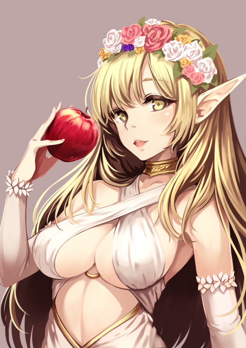 apple arm_up blonde_hair breasts choker cleavage commentary_request criss-cross_halter detached_sleeves dress elf flower food fruit gogatsu_no_renkyuu halterneck head_wreath holding long_hair o-ring open_mouth original pointy_ears smile solo upper_body white_dress yellow_eyes