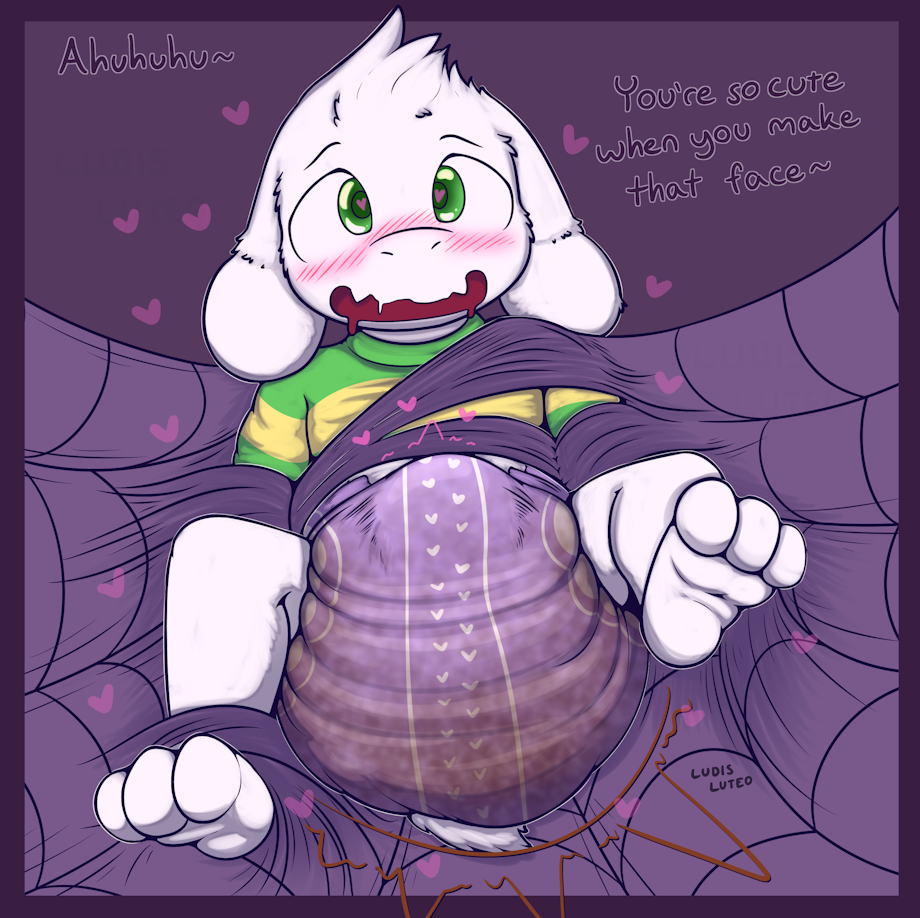 &lt;3 &lt;3_eyes asriel_dreemurr bdsm blush bondage bound cub diaper drooling feces fully_bound ludis-luteo messy_diaper muffet saliva scat spider_web undertale unseen_character video_games young