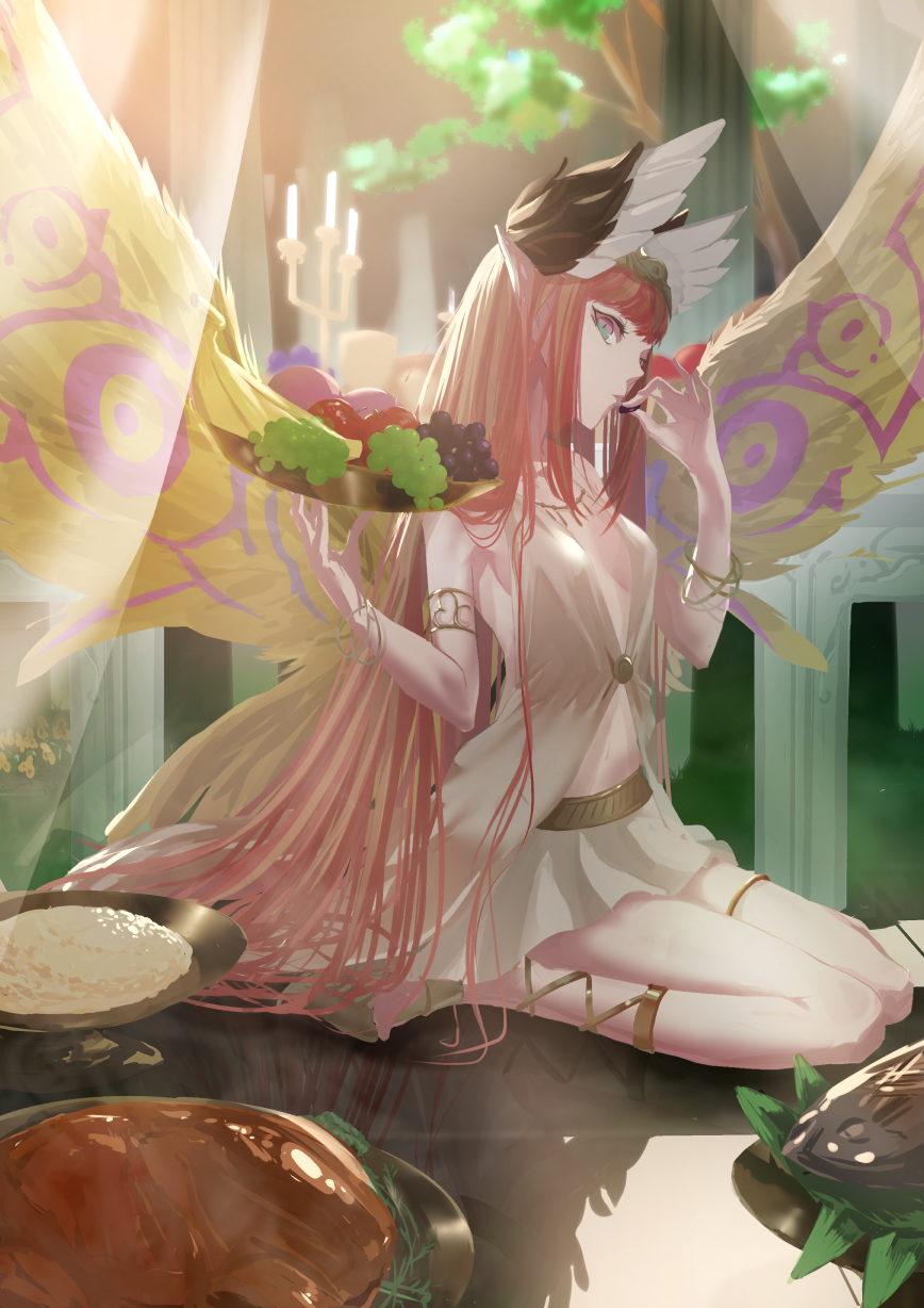 absurdly_long_hair apple aqua_eyes armlet black_wings bracelet breasts candle candlestand circe_(fate/grand_order) cross-laced_footwear cross-laced_sandals fate/grand_order fate_(series) feathered_wings feathers food fruit grapes head_tilt head_wings highres holding jewelry kuronoiparoma long_hair miniskirt multicolored multicolored_eyes multicolored_hair navel orange_hair pink_eyes pointy_ears red_hair reflection sandals sitting skirt small_breasts solo stomach straight_hair thigh_strap thighlet tiara tree two-tone_hair very_long_hair wariza white_skirt white_wings wings yellow_wings
