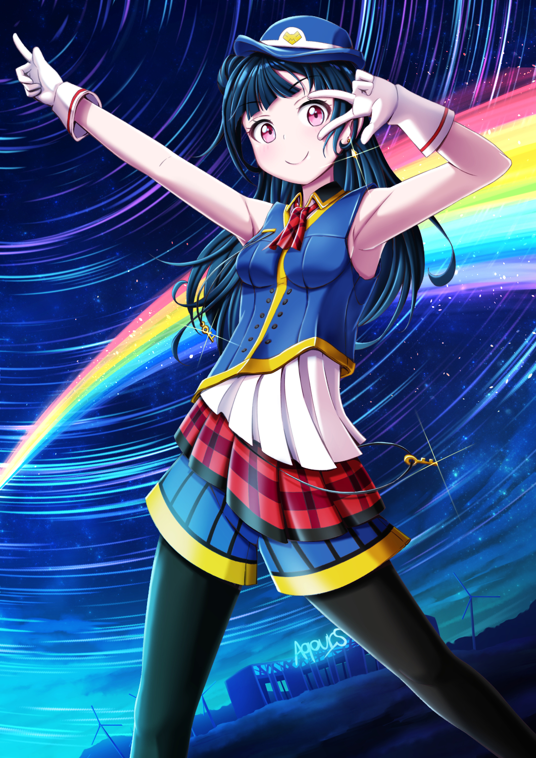 armpits ascot bangs black_legwear blue_hair blue_hat breasts buckle_(artist) collared_shirt earrings female_service_cap glint gloves group_name happy_party_train hat highres jewelry key long_hair looking_at_viewer love_live! love_live!_sunshine!! night night_sky pantyhose plaid plaid_neckwear pointing pointing_up purple_eyes rainbow red_neckwear shirt shorts side_bun sky sleeveless sleeveless_shirt small_breasts smile solo star_trail tsushima_yoshiko w_over_eye white_gloves windmill