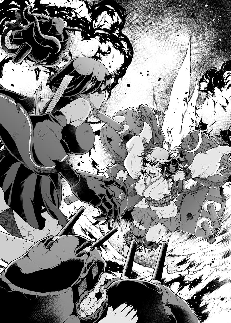:d battle blood blood_on_face breasts broken broken_weapon charging commentary damaged detached_sleeves explosion eyebrows_visible_through_hair greyscale hair_between_eyes hair_ornament headgear highres japanese_clothes kantai_collection large_breasts monochrome multiple_girls night_strait_hime_(black) nontraditional_miko on_water open_mouth pt_imp_group remodel_(kantai_collection) rigging screaming shinkaisei-kan showdown smile tenshin_amaguri_(inobeeto) turret weapon yamashiro_(kantai_collection)