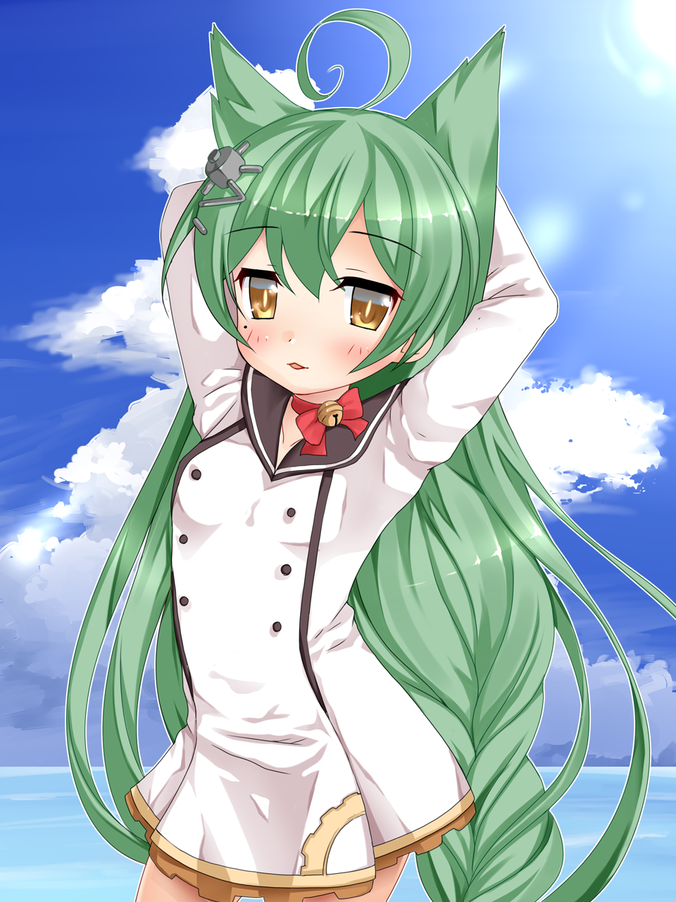 ahoge akashi_(azur_lane) animal_ears arms_up azur_lane bangs bell black_sailor_collar blue_sky bow breasts brown_eyes cat_ears cloud collarbone commentary_request contrapposto cowboy_shot day dress eyebrows_visible_through_hair hair_between_eyes hair_ornament highres horizon jingle_bell kumaneko_rococo long_hair long_sleeves looking_at_viewer ocean outdoors red_bow sailor_collar sky slit_pupils small_breasts solo standing very_long_hair water white_dress