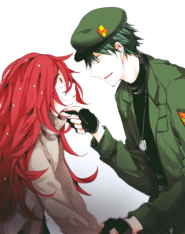 1boy 1girl flaky flippy green_hair happy_tree_friends long_hair military_clothes personification red_hair short_hair uniform