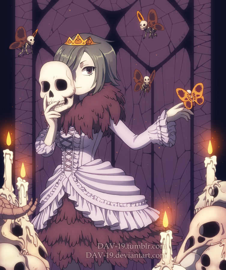 adventure_time breasts bug butterfly candle closed_mouth commentary creature crown dav-19 dress english_commentary eyelashes fire flying grey_hair holding holding_mask horns humanization indoors insect long_sleeves mask medium_breasts one_eye_covered princess purple_background purple_eyes short_hair signature skeleton_princess skull skull_mask smile solo watermark web_address white_dress