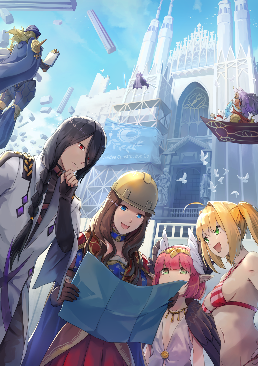 5girls :d ahoge archimedes_(fate) architecture avicebron_(fate) bird black_hair blonde_hair blue_eyes blue_sky blueprint breasts brown_gloves brown_hair caster cathedral church circe_(fate/grand_order) circlet commentary_request construction_site construction_worker day elbow_gloves fate/grand_order fate_(series) fingerless_gloves flag floating flying gloves green_eyes hair_over_one_eye hand_on_own_chin hardhat helmet highres holding hsin leonardo_da_vinci_(fate/grand_order) logo long_hair magic_carpet medium_breasts multiple_boys multiple_girls navel nero_claudius_(fate)_(all) nero_claudius_(swimsuit_caster)_(fate) one_eye_covered open_mouth outdoors paracelsus_(fate) pillar pink_hair pointy_ears queen_of_sheba_(fate/grand_order) red_eyes sky small_breasts smile solomon_(fate/grand_order) twintails