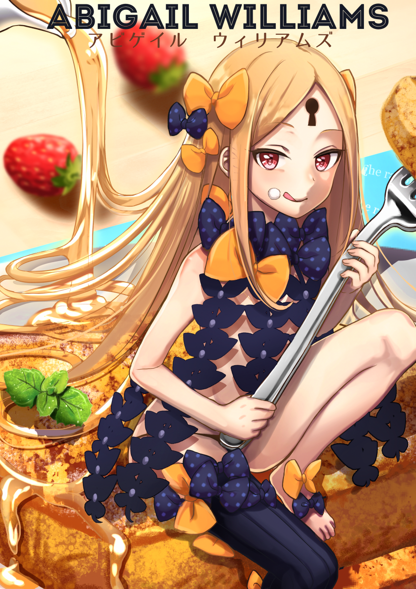 :q abigail_williams_(fate/grand_order) asymmetrical_legwear bad_id bad_pixiv_id bangs black_bow black_hat black_legwear black_panties blonde_hair blurry blurry_background bow character_name closed_mouth commentary_request depth_of_field fate/grand_order fate_(series) food food_on_face fork fruit hat hat_bow highres holding holding_fork kurono_kito long_hair looking_at_viewer orange_bow oversized_object panties parted_bangs pouring red_eyes revealing_clothes single_thighhigh sitting smile solo strawberry thighhighs tongue tongue_out topless underwear very_long_hair witch_hat