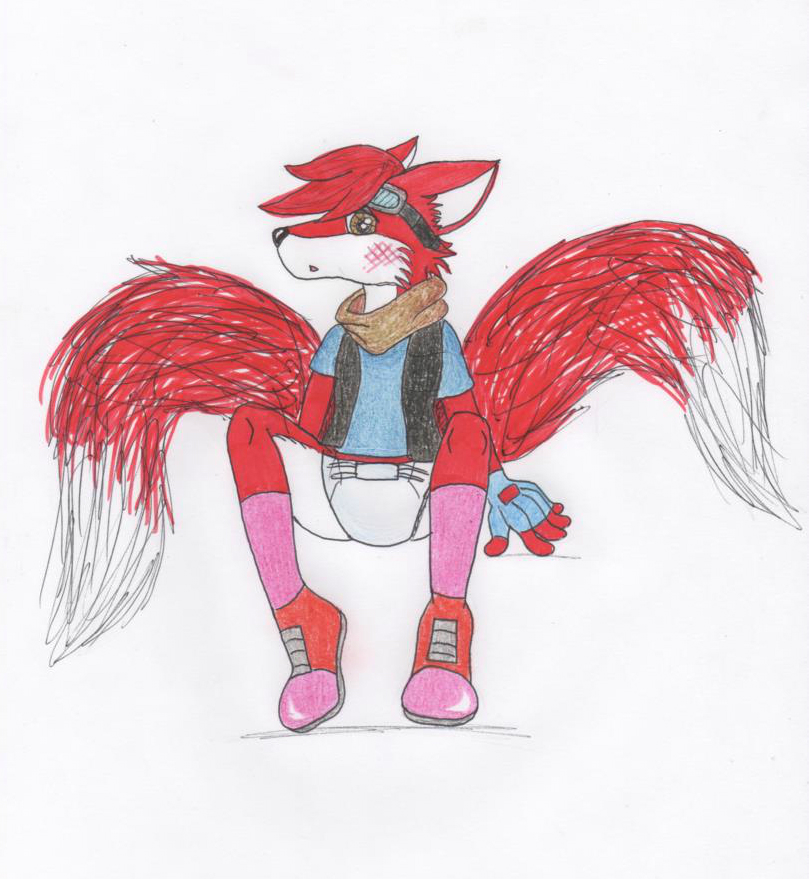 anthro backless_gloves blush boots canine clothing colored_pencil_(artwork) diaper fingerless_gloves footwear fox gloves infantilism male mammal maxamilion_the_fox scarf shirt solo sonicyaoihaven traditional_media_(artwork) vest