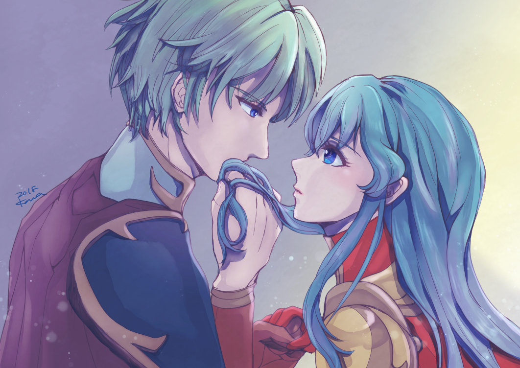 1girl blue_eyes blue_hair cape eirika ephraim fire_emblem fire_emblem:_seima_no_kouseki green_hair kana_(kanakothird) looking_at_another pauldrons siblings twins