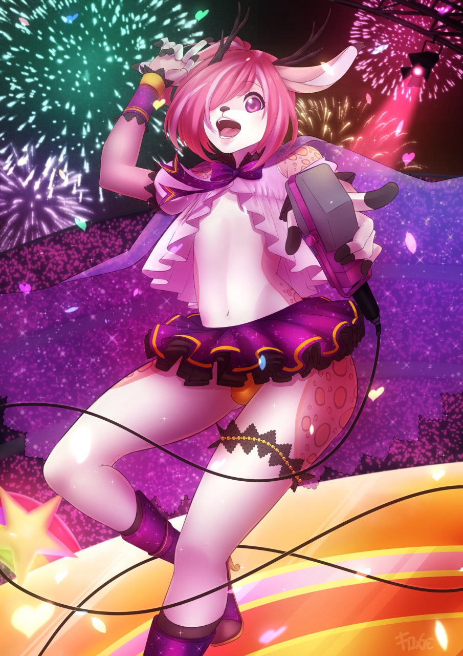 &lt;3 anthro antlers boots bow bulge cape cervine clothed clothing crossdressing detailed_background fireworks footwear fur girly hair high_heels horn male mammal microphone mikki_kirin navel open_mouth pink_fur pink_hair purple_eyes ratatula shoes skimpy solo spots spotted_fur white_fur