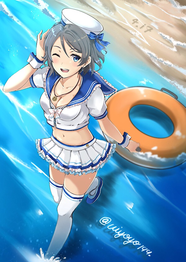 ;d artist_name beach blue_eyes blue_footwear bow breasts cleavage dated day earrings feet_out_of_frame from_above grey_hair groin hand_in_hair hat holding innertube jewelry kouno_(uiyoyo199) leg_up love_live! love_live!_sunshine!! medium_breasts midriff miniskirt navel necklace one_eye_closed open_mouth pleated_skirt shirt short_hair short_sleeves skirt smile solo stomach thighhighs wading walking watanabe_you white_bow white_hat white_legwear white_shirt white_skirt wrist_cuffs