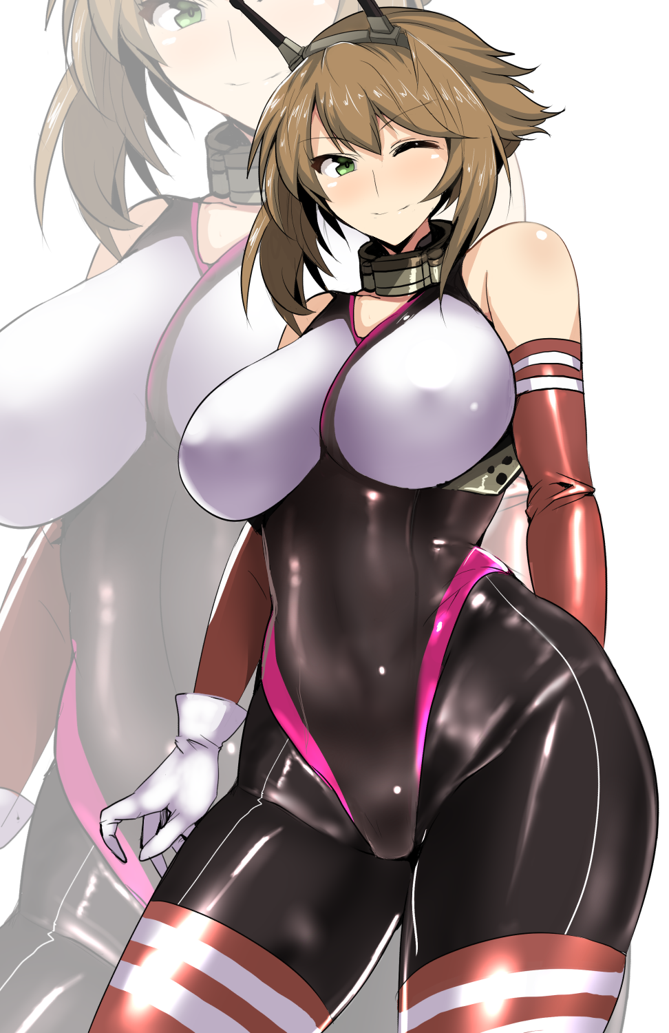 adapted_costume arm_behind_back bangs bare_shoulders blush bodysuit breasts brown_hair closed_mouth collar collarbone commentary_request covered_navel elbow_gloves eyebrows_visible_through_hair flipped_hair gloves green_eyes hairband highres hips kantai_collection koujun_(mugenzero) large_breasts looking_at_viewer metal_collar mutsu_(kantai_collection) one_eye_closed radio_antenna red_legwear shiny shiny_clothes short_hair sidelocks skin_tight smile solo striped striped_legwear thighs white_background white_gloves zoom_layer