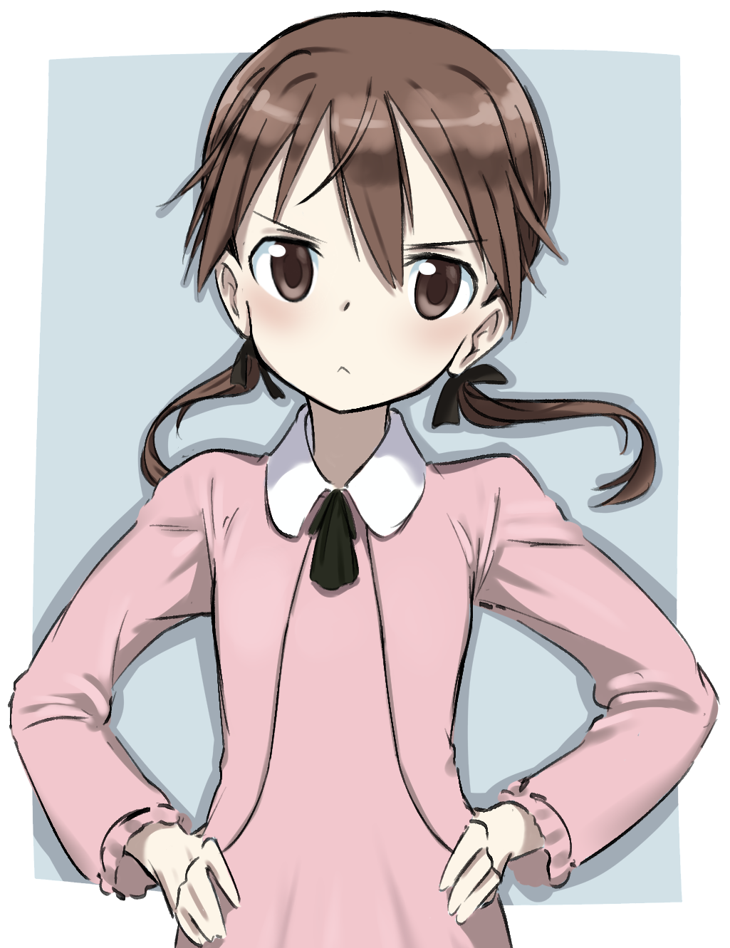 black_neckwear black_ribbon blue_background brown_eyes brown_hair casual closed_mouth collared_dress dress fankupl frown gertrud_barkhorn hair_ribbon hands_on_hips highres long_hair long_sleeves neck_ribbon outside_border pink_dress ribbon solo strike_witches twintails upper_body world_witches_series younger