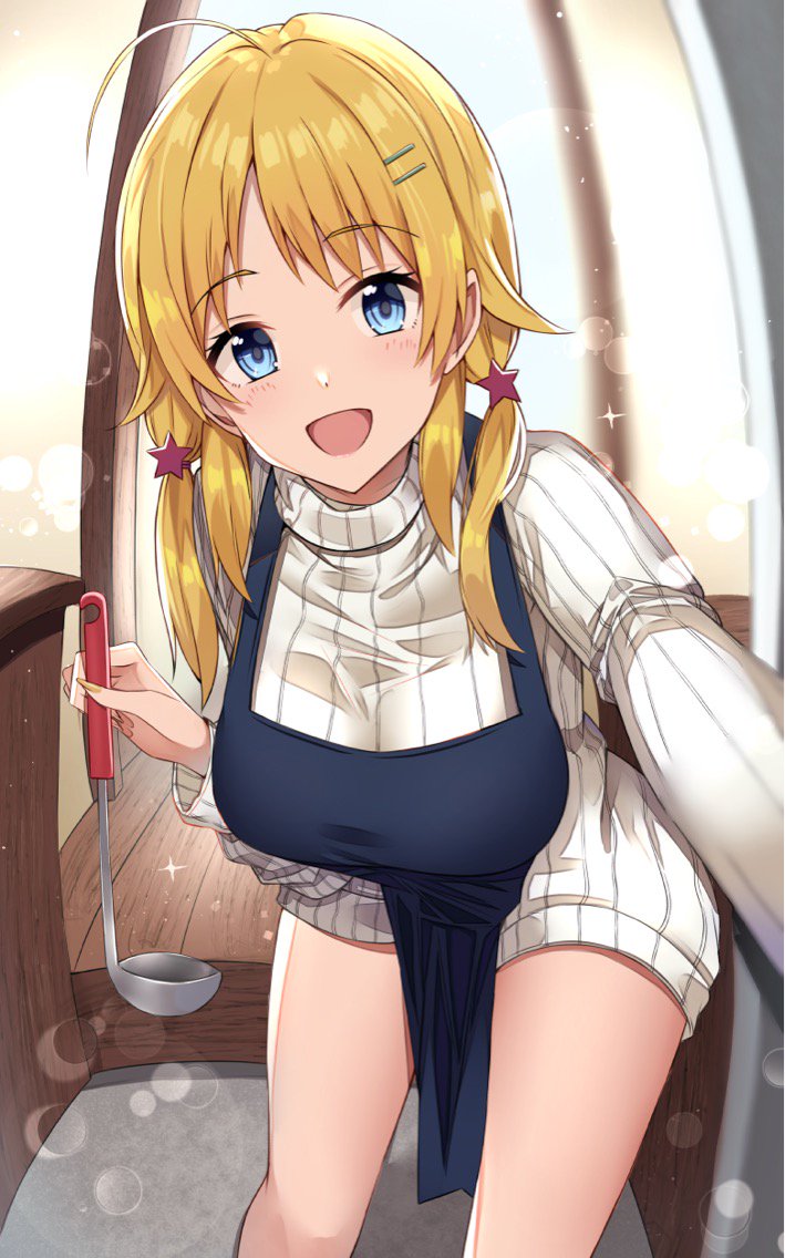 :d ahoge apron bangs blonde_hair blue_eyes breasts eyebrows_visible_through_hair hachimiya_meguru hair_ornament hairclip idolmaster idolmaster_shiny_colors kanikou ladle large_breasts long_hair looking_at_viewer low_twintails open_mouth ribbed_sweater smile solo sweater turtleneck turtleneck_sweater twintails