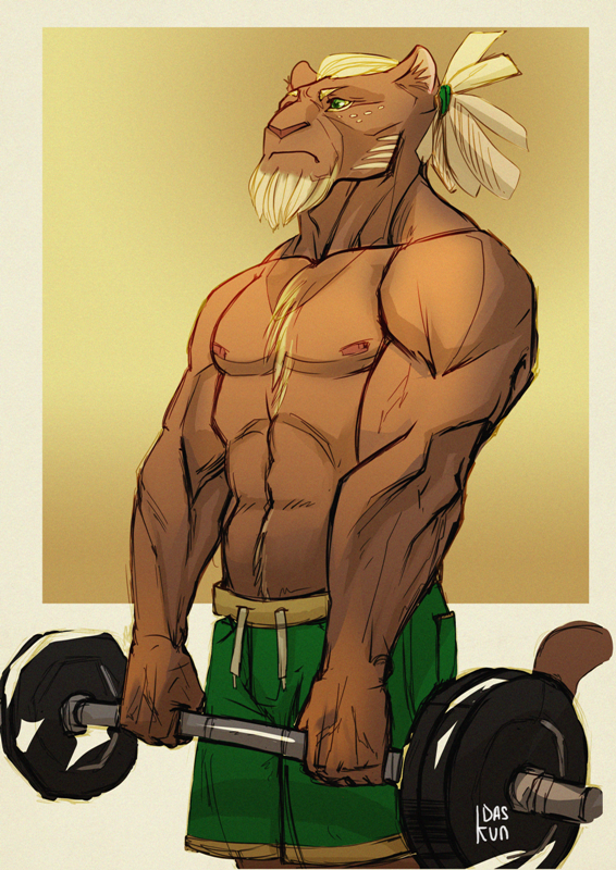 2014 abs anthro barbell beard biceps biped blonde_hair brown_fur brown_nipples brown_nose clothed clothing daskun digital_media_(artwork) dreadlocks exercise facial_hair feline front_view fur green_bottomwear green_clothing green_eyes green_shorts hair male mammal muscular muscular_male nipples pecs portrait shorts simple_background solo standing three-quarter_portrait topless weightlifting workout yellow_background