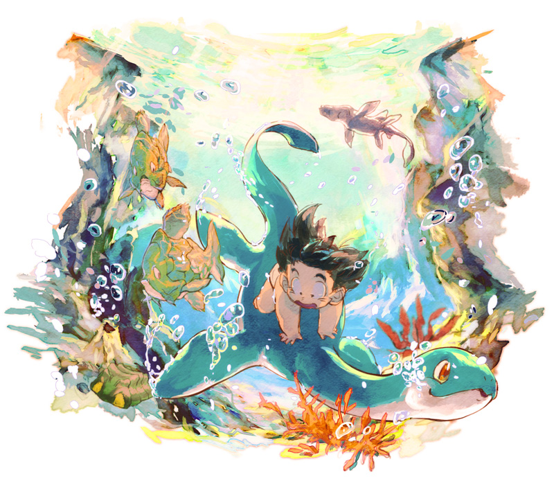 :d black_eyes black_hair bubble coral day dragon_ball dragon_ball_(classic) fish happy harunkea looking_down male_focus ocean open_mouth riding short_hair smile son_gokuu spiked_hair sunlight underwater water