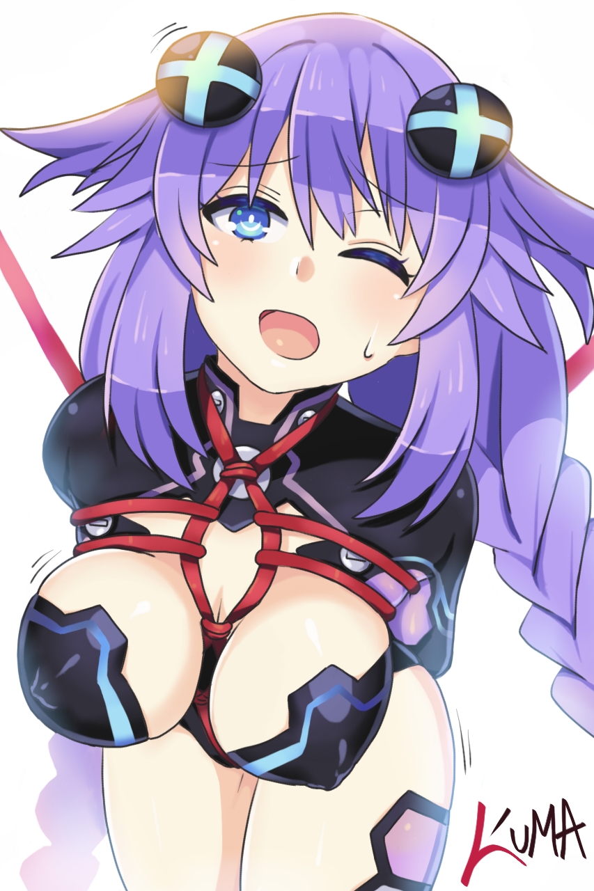 ;d arms_behind_back artist_name bangs bdsm between_breasts black_leotard blue_eyes blush bondage bound bound_torso braid breasts breasts_apart bright_pupils choujigen_game_neptune cleavage cleavage_cutout colored_eyelashes covered_nipples cowboy_shot embarrassed eyebrows_visible_through_hair gradient hair_between_eyes headgear highres large_breasts leaning_forward legs_together leotard lewdkuma long_hair long_sleeves looking_at_viewer motion_lines navel neptune_(series) one_eye_closed open_mouth parted_bangs power_symbol purple_hair purple_heart raised_eyebrows red_rope rope shibari shiny shiny_skin sidelocks simple_background smile solo sweatdrop symbol-shaped_pupils thighhighs thighs turtleneck twin_braids very_long_hair white_background wince
