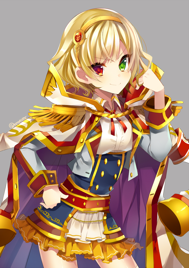 &gt;:) blonde_hair cape copyright_request epaulettes green_eyes hairband heterochromia long_sleeves looking_at_viewer red_eyes rento_(rukeai) short_hair skirt smile solo twitter_username v-shaped_eyebrows yellow_hairband