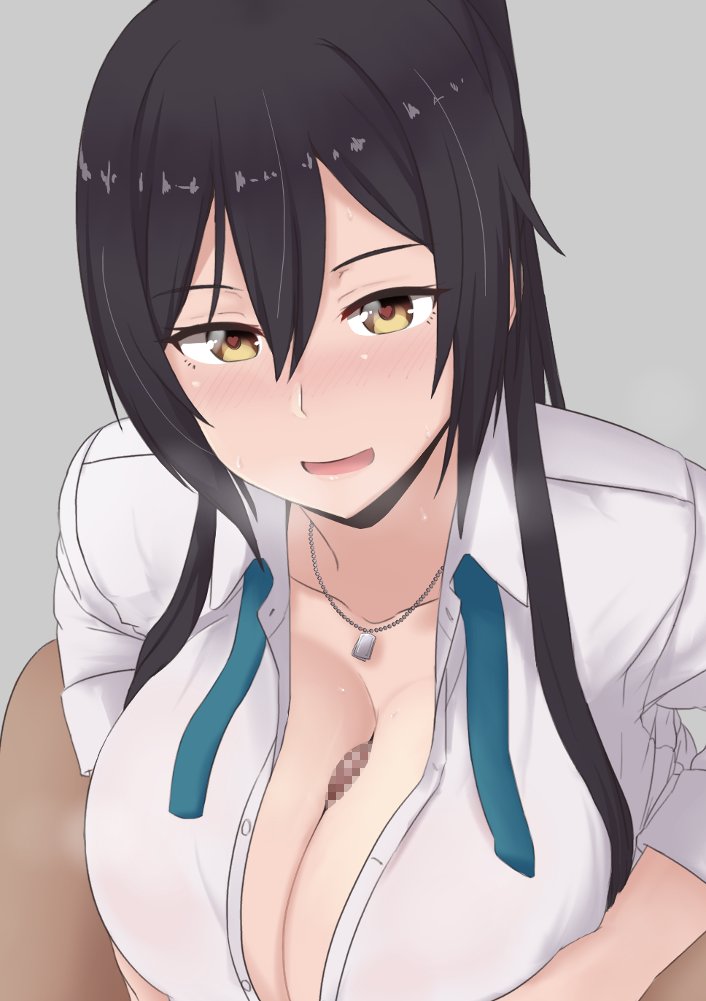 1girl bangs black_hair blush breast_squeeze breasts censored cleavage collarbone dog_tags dress_shirt eyebrows_visible_through_hair grey_background hair_between_eyes heart heart-shaped_pupils hetero idolmaster idolmaster_shiny_colors large_breasts long_hair looking_at_viewer mosaic_censoring nao_(ritsancrossover) necktie open_mouth paizuri paizuri_under_clothes penis ponytail shirase_sakuya shirt simple_background sleeves_rolled_up smile solo_focus symbol-shaped_pupils yellow_eyes
