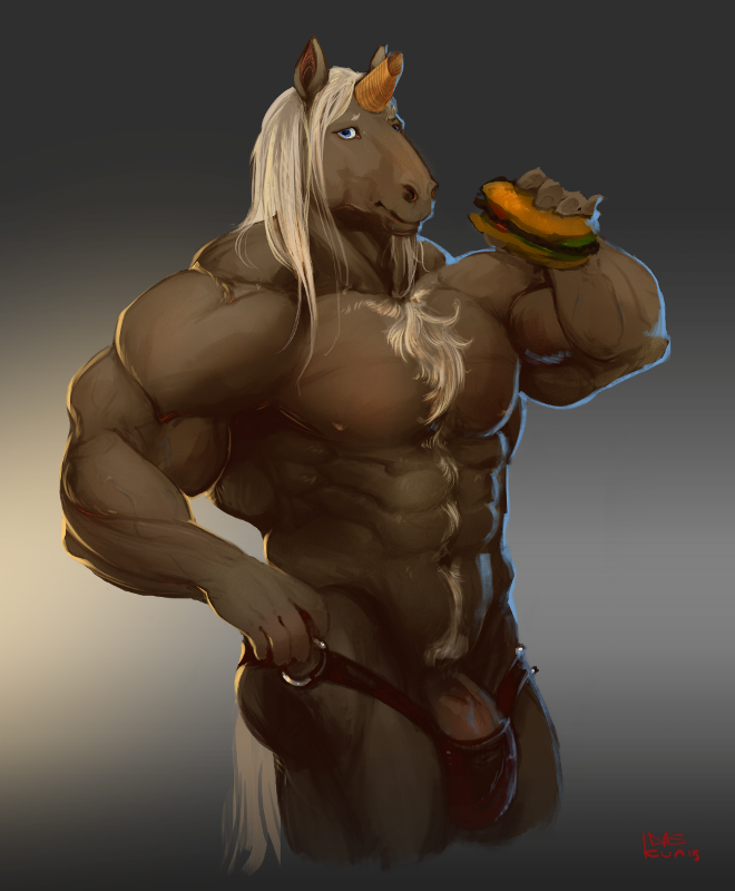 2015 abs anthro biceps big_muscles blue_eyes body_hair brown_fur burger chest_hair clothed clothing daskun digital_media_(artwork) equine food front_view fur gradient_background hair half-length_portrait happy_trail holding_food holding_object horn long_hair looking_at_viewer male mammal muscular muscular_male obliques pecs penis penis_base pink_penis portrait signature simple_background snout solo standing thong underwear unicorn white_hair white_tail