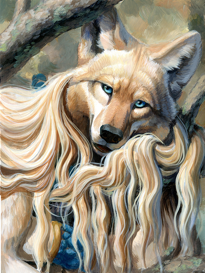 anthro black_nose blonde_hair blue_eyes canine coyote detailed_background female fur hair hibbary looking_at_viewer mammal smile solo tan_fur