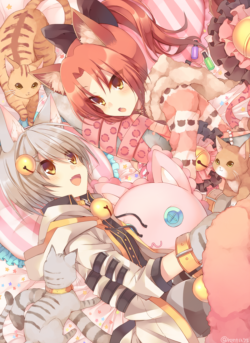 :3 animal_ears bell bow brown_eyes button_eyes cat cat_ears cat_tail copyright_request hair_bell hair_ornament hairclip long_hair long_sleeves looking_at_another lying multiple_cats multiple_girls on_side open_mouth pillow ponytail red_hair rento_(rukeai) short_hair smile stuffed_animal stuffed_toy tail twitter_username