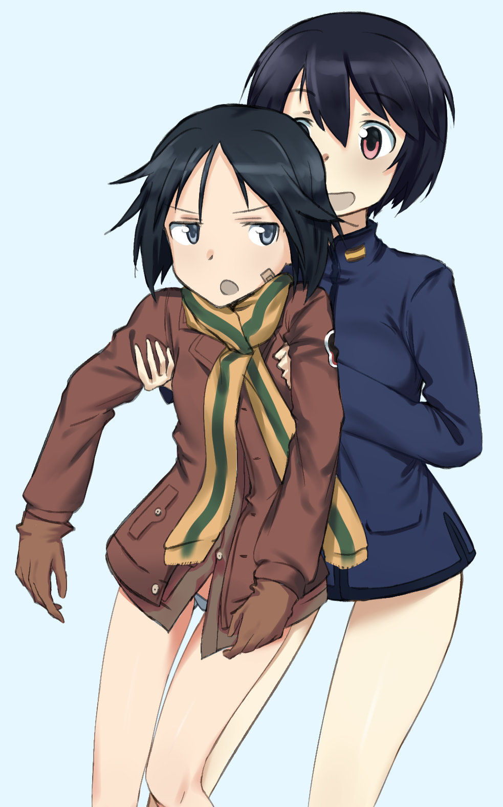 ass_visible_through_thighs bandaid bandaid_on_face bangs black_eyes black_hair blue_background blue_hair blue_jacket blue_panties brave_witches brown_gloves brown_jacket cowboy_shot emblem eyebrows_visible_through_hair fankupl frown gloves highres holding_person jacket kanno_naoe long_sleeves looking_at_another looking_back military military_uniform multicolored multicolored_clothes multicolored_scarf multiple_girls no_pants open_mouth panties red_eyes scarf shimohara_sadako short_hair simple_background smile standing striped striped_scarf thigh_gap underwear uniform world_witches_series
