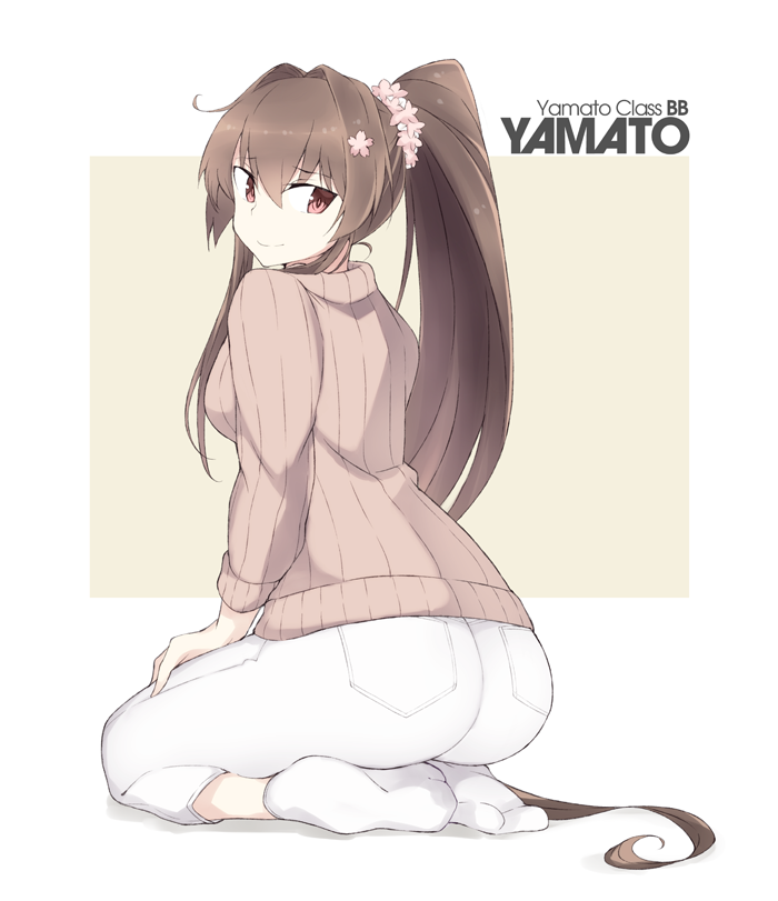 ahoge ass blush breasts brown_hair character_name flower from_behind hair_flower hair_intakes hair_ornament kantai_collection long_hair long_sleeves looking_at_viewer looking_back medium_breasts pants pink_background pink_eyes pink_sweater pocket ponytail ribbed_sweater seiza simple_background sitting smile socks solo souji sweater very_long_hair white_background white_footwear white_pants yamato_(kantai_collection)