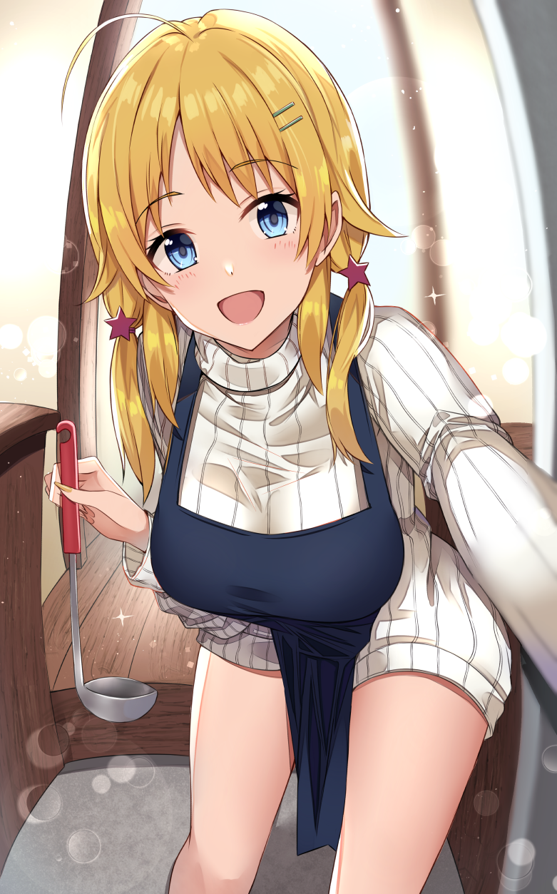 :d ahoge apron bangs blonde_hair blue_eyes breasts eyebrows_visible_through_hair hachimiya_meguru hair_ornament hairclip highres idolmaster idolmaster_shiny_colors kanikou ladle large_breasts long_hair looking_at_viewer low_twintails open_mouth ribbed_sweater smile solo sweater turtleneck turtleneck_sweater twintails