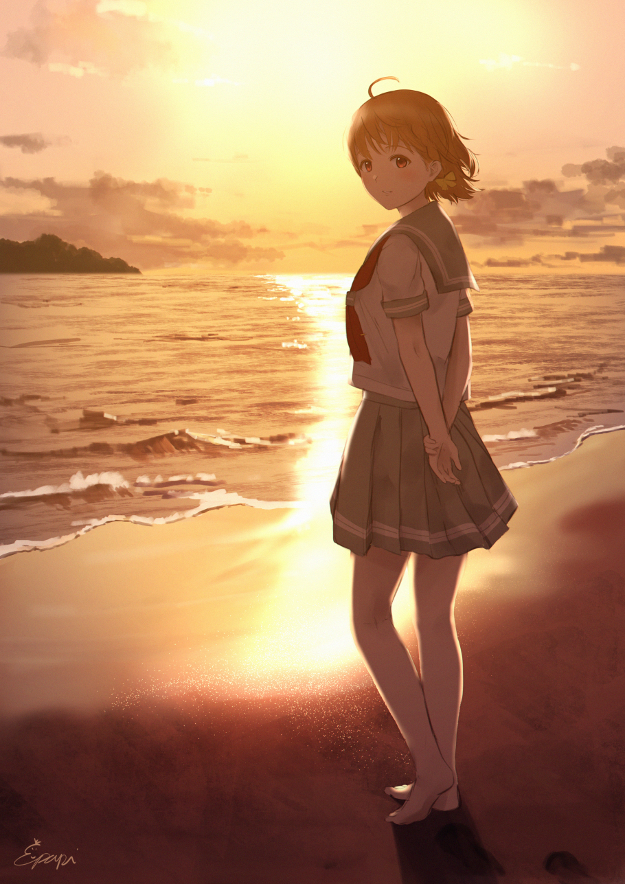 ahoge arms_behind_back backlighting bangs barefoot beach bow braid footprints full_body hair_bow hand_on_own_arm highres looking_at_viewer looking_back love_live! love_live!_sunshine!! neckerchief ocean orange_hair papi_(papiron100) pleated_skirt red_eyes red_neckwear school_uniform serafuku short_sleeves side_braid signature skirt solo standing sunset takami_chika tie_clip uranohoshi_school_uniform yellow_bow