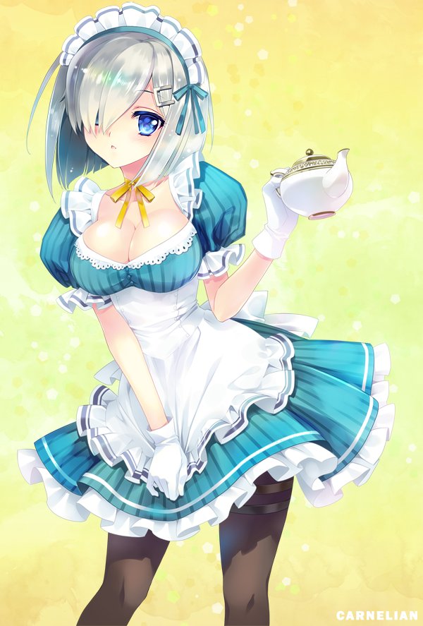 alternate_costume apron blue_eyes blush breasts carnelian cleavage commentary_request enmaided feet_out_of_frame gloves hair_ornament hair_over_one_eye hairclip hamakaze_(kantai_collection) kantai_collection large_breasts looking_at_viewer maid maid_apron maid_headdress pantyhose puffy_short_sleeves puffy_sleeves short_hair short_sleeves silver_hair solo white_gloves yellow_neckwear