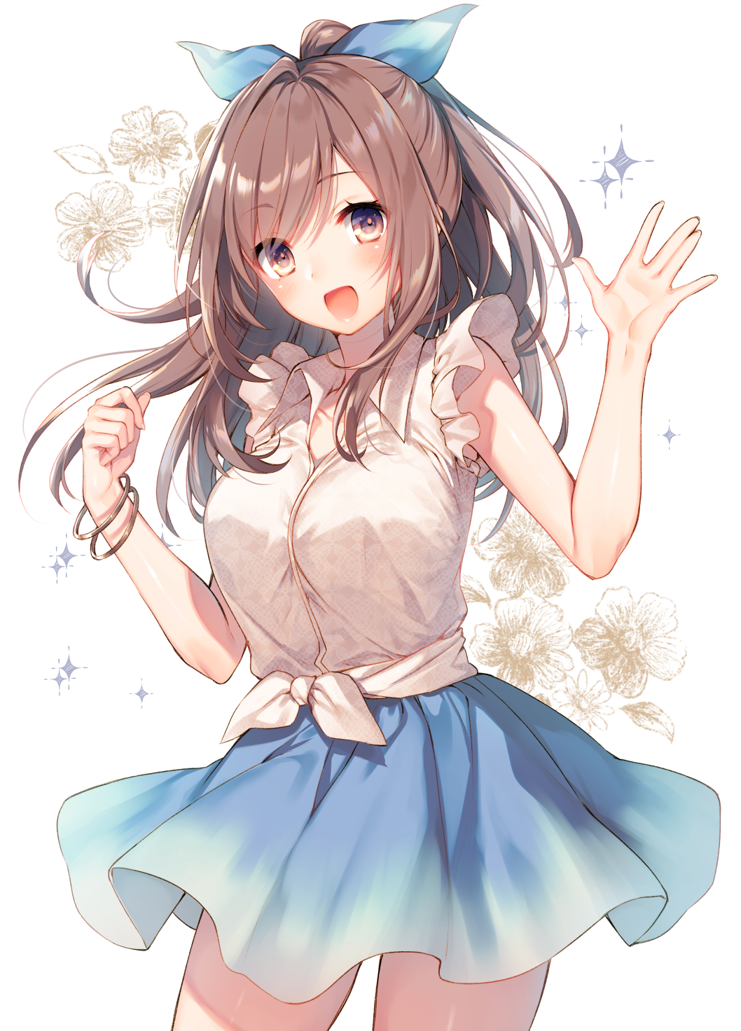 bangs blue_ribbon blue_skirt blush bracelet breasts brown_hair cleavage collared_shirt commentary_request cowboy_shot eyebrows_visible_through_hair floral_background flower front-tie_top gradient_clothes hair_ribbon highres idolmaster idolmaster_shiny_colors jewelry large_breasts long_hair looking_at_viewer open_mouth parted_bangs ponytail ribbon shirt simple_background skirt sleeveless sleeveless_shirt smile solo sparkle tied_shirt toosaka_asagi tsukioka_kogane waving white_background white_shirt