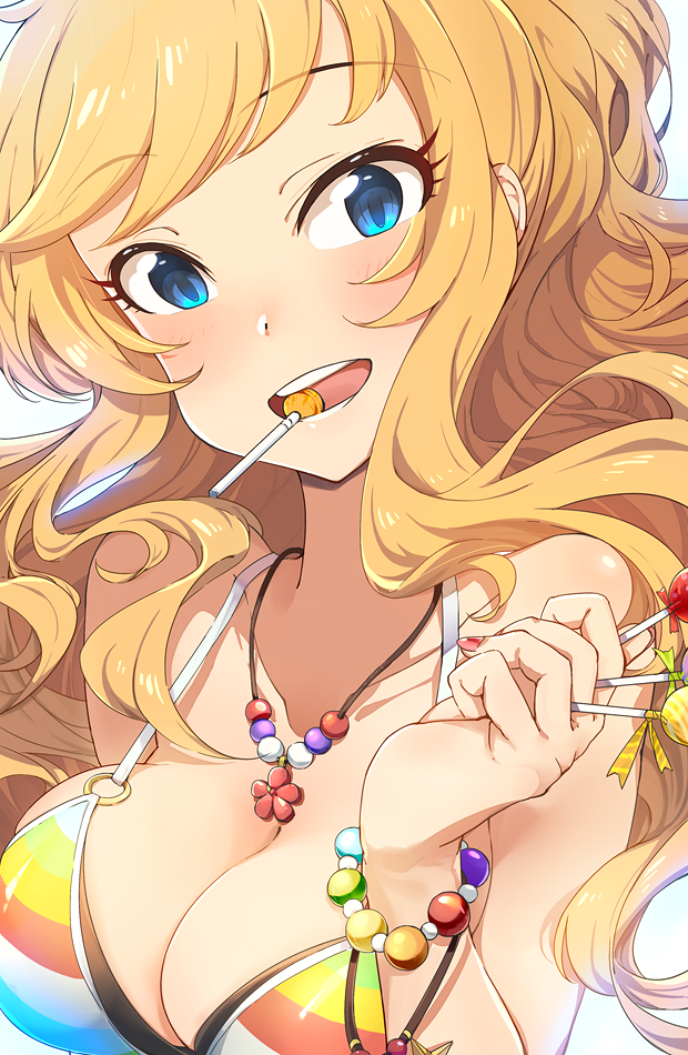 :d backlighting bangs bare_shoulders bead_bracelet beads between_fingers bikini blonde_hair blue_eyes blush bracelet breasts candy candy_wrapper cleavage collarbone eyebrows eyebrows_visible_through_hair eyelashes fingernails flower flower_necklace food food_in_mouth hand_up idolmaster idolmaster_cinderella_girls idolmaster_cinderella_girls_starlight_stage jewelry lollipop long_hair medium_breasts multicolored multicolored_bikini multicolored_clothes nail_polish necklace o.m ootsuki_yui open_mouth pink_nails smile solo swept_bangs swimsuit teeth tongue upper_body
