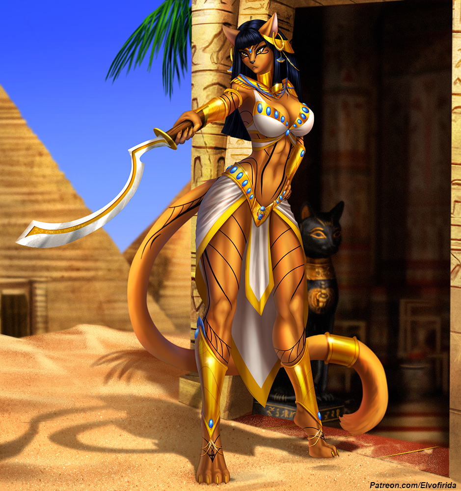 2018 4_toes 5_fingers anthro black_hair breasts cat clothed clothing day detailed_background digital_media_(artwork) elvofirida feline female hair holding_object holding_weapon mammal melee_weapon midriff navel outside skimpy sky solo sword toes weapon