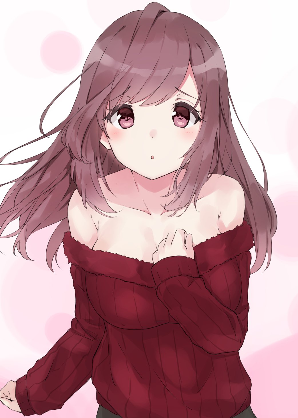 :o bangs bare_shoulders blush breasts brown_hair cleavage collarbone commentary_request cowboy_shot eyebrows_visible_through_hair hand_on_own_chest highres idolmaster idolmaster_shiny_colors large_breasts long_hair looking_at_viewer minikon off-shoulder_sweater off_shoulder open_mouth parted_bangs parted_lips pink_background red_sweater simple_background solo sweater tareme tsukioka_kogane