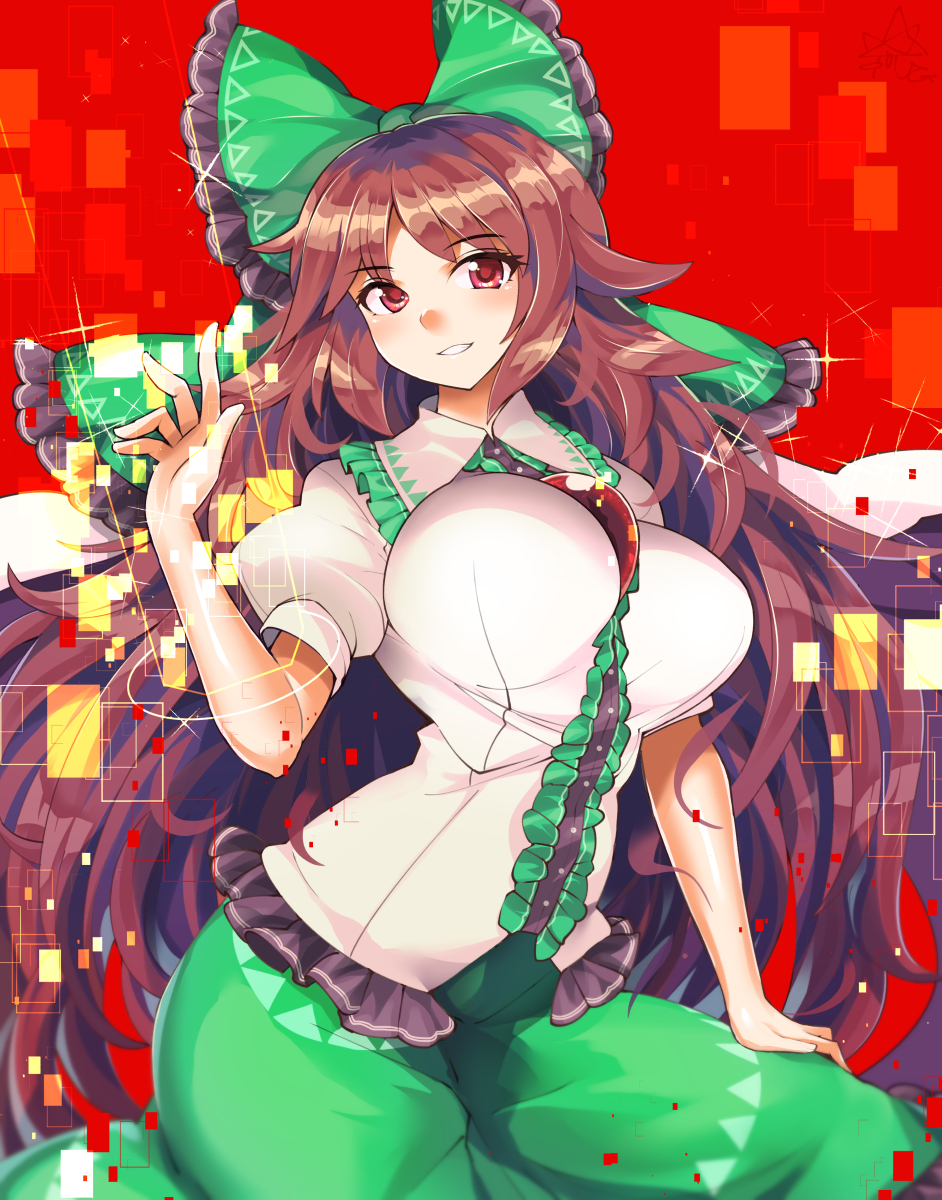 arm_cannon bangs bare_arms between_breasts black_frills blouse bow breasts brown_hair cape clothes_between_breasts collared_blouse commentary_request eyebrows_visible_through_hair frilled_blouse frilled_bow frilled_shirt_collar frills gem green_bow green_frills green_skirt hair_bow hand_on_own_thigh hand_up highres hips impossible_clothes impossible_shirt large_bow large_breasts long_hair long_skirt looking_at_viewer materializing parted_bangs parted_lips pixelated puffy_short_sleeves puffy_sleeves red_background red_eyes reiuji_utsuho shirt short_sleeves simple_background sitting skirt smile solo sparkle third_eye touhou umigarasu_(kitsune1963) unaligned_breasts upper_body very_long_hair weapon white_blouse white_cape wing_collar wings