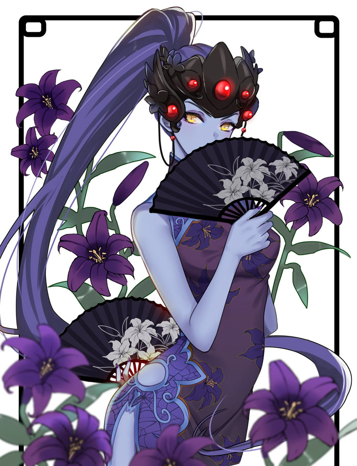 alternate_costume black_lily_widowmaker breasts china_dress chinese_clothes covering_mouth cowboy_shot dress earrings fan floral_background floral_print flower folding_fan head_mounted_display jewelry lily_(flower) long_hair looking_at_viewer medium_breasts overwatch ponytail purple_hair purple_skin solo stud_earrings very_long_hair white_background widowmaker_(overwatch) yellow_eyes zonana