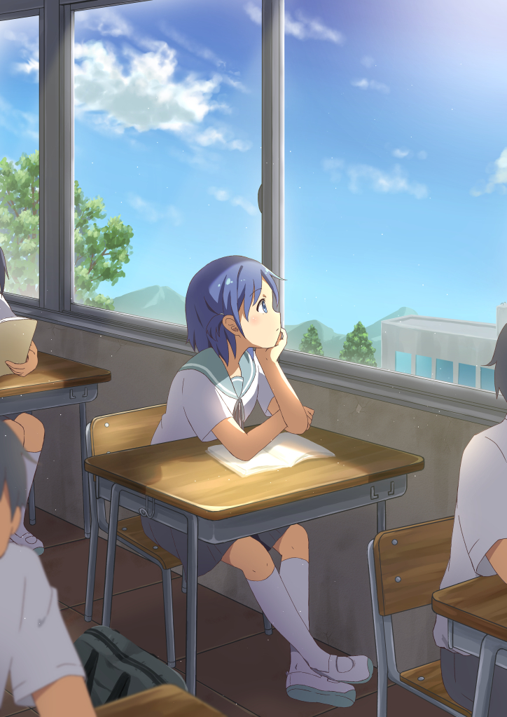 2boys black_skirt blue_eyes blue_hair blush chair classroom closed_mouth day desk hirose_yuki indoors kneehighs looking_away looking_out_window multiple_boys notebook original out_of_frame profile school_chair school_desk school_uniform serafuku shoes short_hair short_sleeves sitting skirt uwabaki white_legwear window