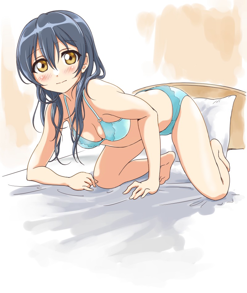 all_fours bangs bed bed_sheet blue_bra blue_hair blue_panties blush bra breasts cleavage collarbone commentary_request eyebrows_visible_through_hair hair_between_eyes long_hair looking_at_viewer love_live! love_live!_school_idol_project on_bed panties pillow solo sonoda_umi tetopetesone underwear underwear_only yellow_eyes