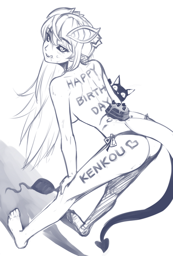 :q ass barefoot bent_over bikini black_sclera body_writing cake cat demon_girl demon_horns demon_tail dutch_angle food greyscale hands_on_own_knees happy_birthday heart horns lilim_(monster_girl_encyclopedia) long_hair looking_at_viewer looking_back mari_(maritan) maritan_(pixelmaritan) monochrome monster_girl_encyclopedia pointy_ears side-tie_bikini sketch smile solo swimsuit tail tongue tongue_out