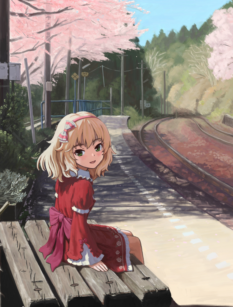 back_bow bench blonde_hair blush bow bush cherry_blossoms collar commentary_request day dress eyebrows_visible_through_hair floral_print frilled_collar frilled_dress frilled_sleeves frills green_eyes hair_bow hairband idolmaster idolmaster_cinderella_girls long_sleeves looking_at_viewer looking_back outdoors parted_lips pink_hairband power_lines railing railroad_tracks red_dress rose_print sakurai_momoka scenery short_hair sign sitting sky sleeves_past_wrists smile solo sunlight telephone_pole train_station tree tyubei7716 wavy_hair