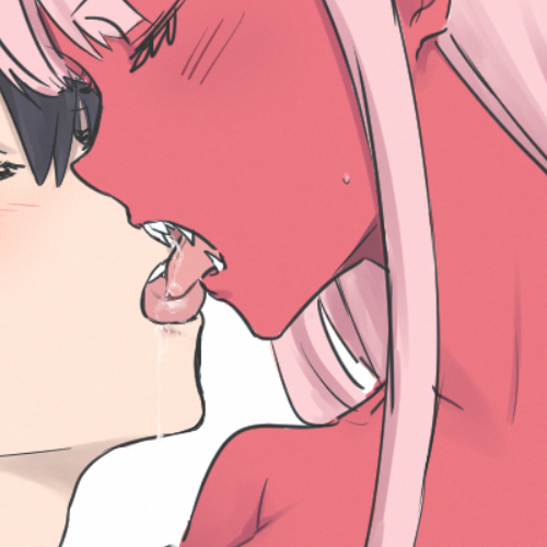 1girl bangs black_hair blush closed_eyes commentary couple darling_in_the_franxx face-to-face fangs french_kiss hetero hiro_(darling_in_the_franxx) k_016002 kiss lowres pink_hair red_skin saliva saliva_trail sweat zero_two_(darling_in_the_franxx)