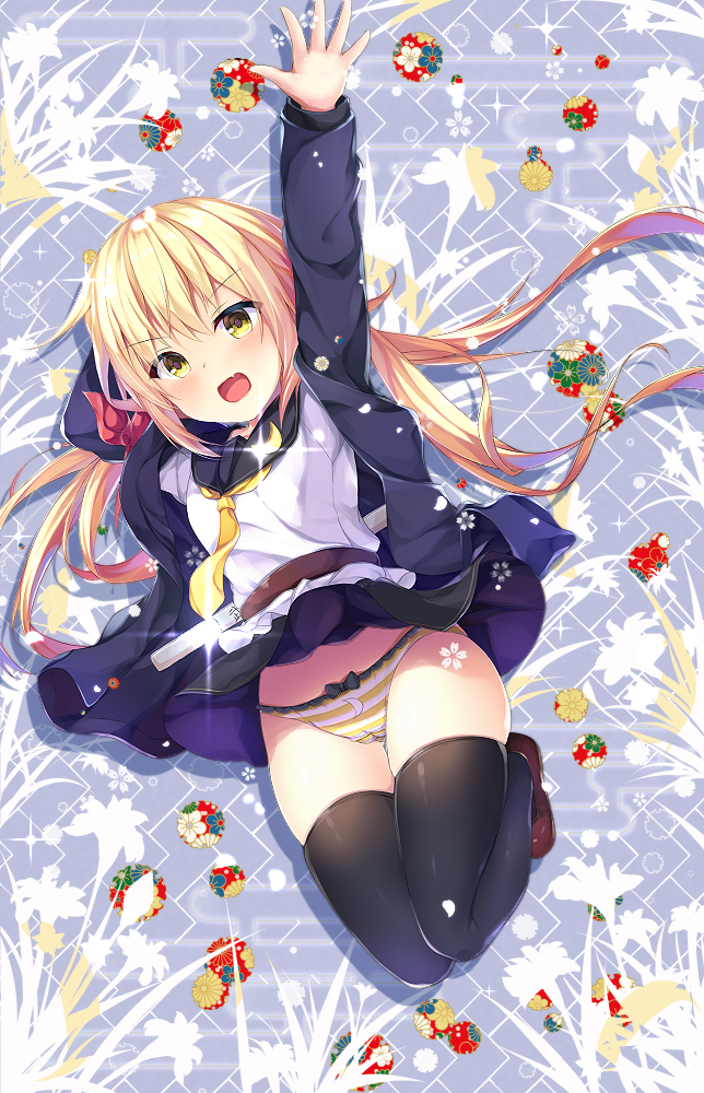 :d black_legwear black_sailor_collar black_skirt blonde_hair blue_cardigan blue_jacket bow bow_panties cameltoe cardigan crescent crescent_moon_pin crescent_print fang glowing hair_ornament jacket jan_(janpx2012) kantai_collection long_hair long_sleeves necktie open_mouth panties pleated_skirt remodel_(kantai_collection) sailor_collar satsuki_(kantai_collection) sheath shirasaya skirt smile solo striped striped_panties thighhighs twintails underwear v-shaped_eyebrows yellow_eyes yellow_neckwear