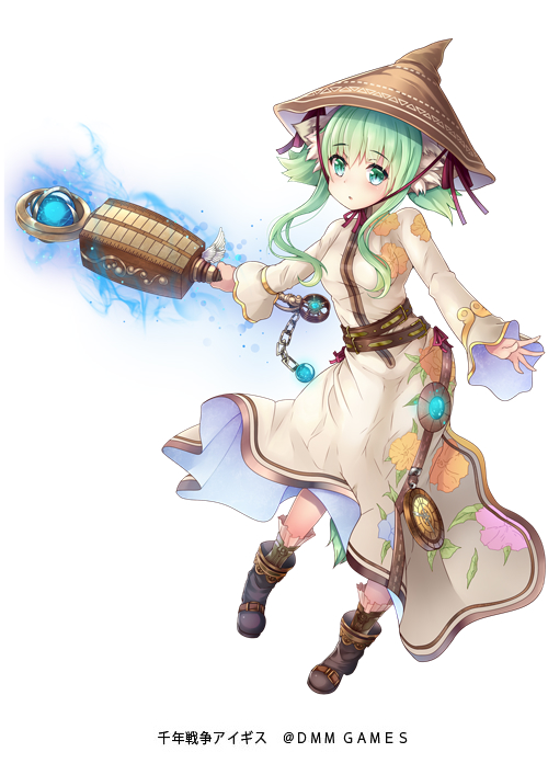 animal_ears aqua_eyes boots brown_hat floral_print full_body green_hair hat long_sleeves meiha_(sennen_sensou_aigis) official_art robe sennen_sensou_aigis solo standing taicho128 two_side_up watermark weapon_request