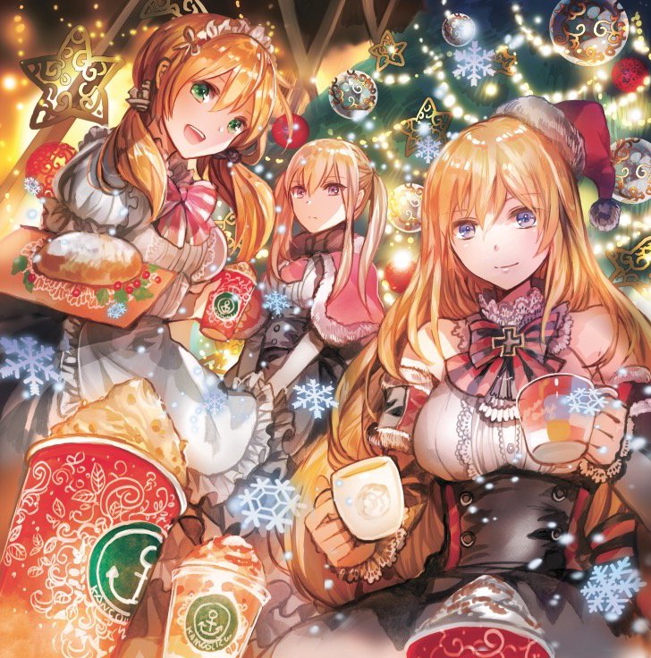 alternate_costume anchor_hair_ornament apron armband bangs bare_shoulders bismarck_(kantai_collection) blonde_hair blue_eyes blush bow bread breasts capelet christmas christmas_lights christmas_ornaments christmas_tree commentary_request corset cup detached_sleeves dirndl expressionless food german_clothes graf_zeppelin_(kantai_collection) grey_eyes hair_between_eyes hair_ornament hat holding holding_cup holding_tray kantai_collection large_breasts light_particles long_hair looking_at_viewer low_twintails maid maid_headdress mug multiple_girls open_mouth prinz_eugen_(kantai_collection) puffy_short_sleeves puffy_sleeves rioka_(southern_blue_sky) santa_hat short_sleeves sidelocks smile snow snowflake_print traditional_clothes tray tsurime twintails