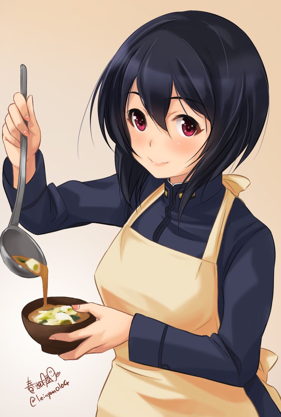 apron artist_name bangs blue_hair blue_jacket bowl brave_witches closed_mouth eyebrows_visible_through_hair food gradient gradient_background haruhata_mutsuki highres holding holding_food jacket ladle looking_at_viewer military military_uniform miso_soup pouring purple_eyes shimohara_sadako short_hair signature smile solo soup standing uniform upper_body world_witches_series yellow_apron