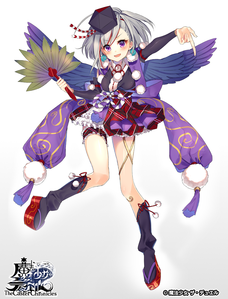 :d arm_up black_hat black_legwear blue_wings blush bow breasts chano_hinano character_request commentary_request copyright_name detached_sleeves earrings fang feathered_wings gradient gradient_background grey_background hand_up hat head_tilt holding jewelry kneehighs leaf_fan long_sleeves looking_at_viewer magatama magatama_earrings medium_breasts official_art open_mouth outstretched_arm plaid plaid_skirt purple_bow purple_eyes red_footwear red_skirt ribbon-trimmed_clothes ribbon-trimmed_legwear ribbon_trim silver_hair skirt smile solo standing standing_on_one_leg tengu the_caster_chronicles tokin_hat white_background wings zouri